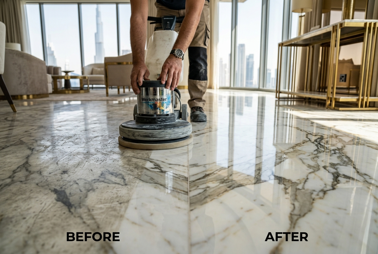 Premium marble floor restoration showing before and after