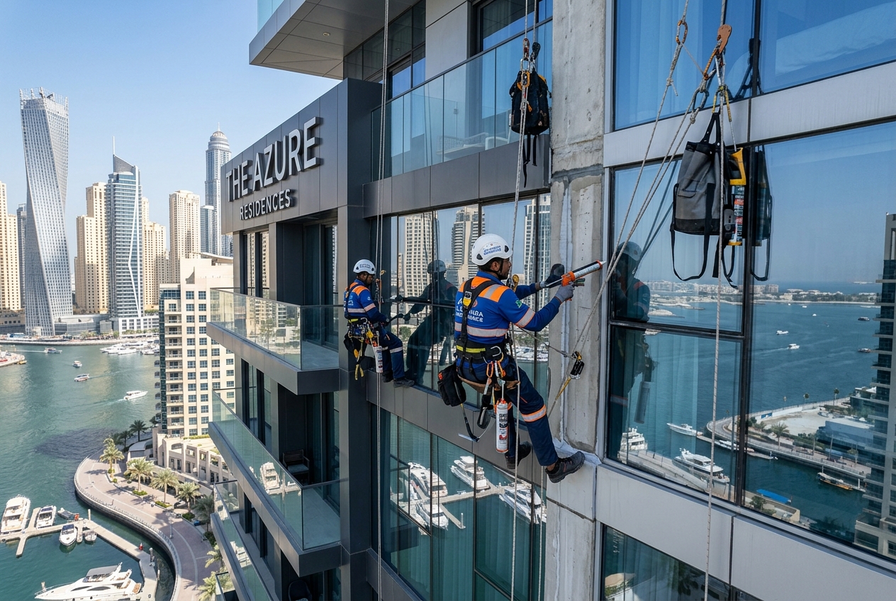 Professional building maintenance team performing facade repair